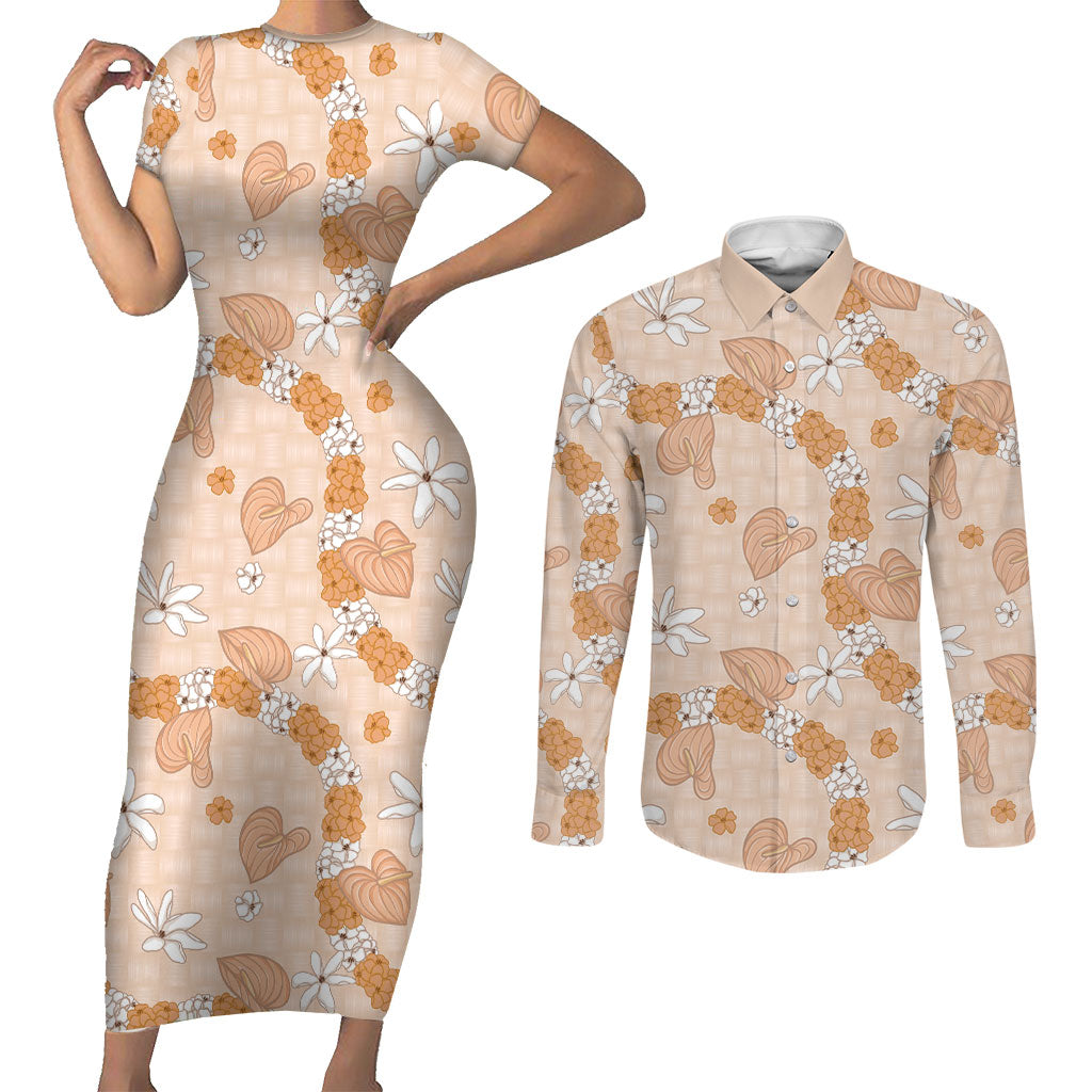 Hawaii Anthurium Tiare Pikake Lei Couples Matching Short Sleeve Bodycon Dress and Long Sleeve Button Shirt Alani Lauhala Art Pattern