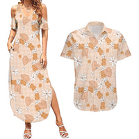 Hawaii Anthurium Tiare Pikake Lei Couples Matching Summer Maxi Dress and Hawaiian Shirt Alani Lauhala Art Pattern LT01 Orange - Polynesian Pride