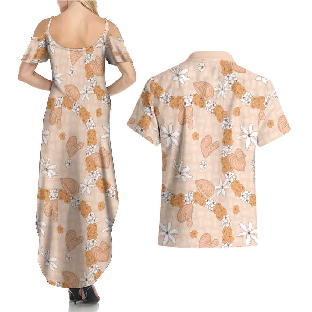 Hawaii Anthurium Tiare Pikake Lei Couples Matching Summer Maxi Dress and Hawaiian Shirt Alani Lauhala Art Pattern LT01 - Polynesian Pride