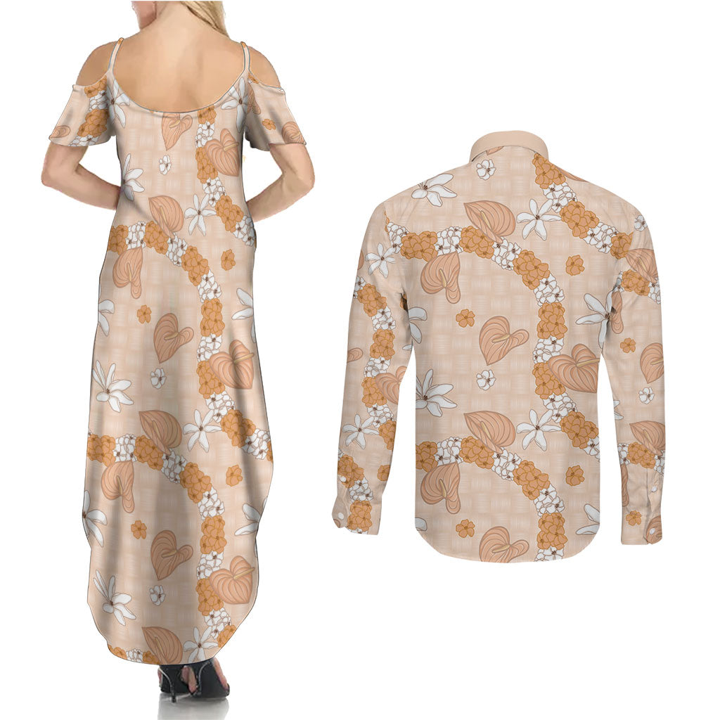 Hawaii Anthurium Tiare Pikake Lei Couples Matching Summer Maxi Dress and Long Sleeve Button Shirt Alani Lauhala Art Pattern