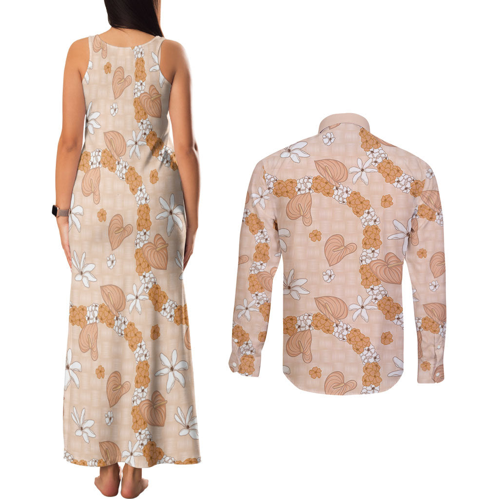 Hawaii Anthurium Tiare Pikake Lei Couples Matching Tank Maxi Dress and Long Sleeve Button Shirt Alani Lauhala Art Pattern LT01 - Polynesian Pride