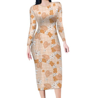 Hawaii Anthurium Tiare Pikake Lei Family Matching Long Sleeve Bodycon Dress and Hawaiian Shirt Alani Lauhala Art Pattern LT01 Mom's Dress Orange - Polynesian Pride