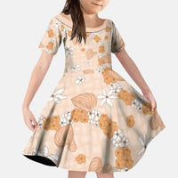 Hawaii Anthurium Tiare Pikake Lei Family Matching Off Shoulder Maxi Dress and Hawaiian Shirt Alani Lauhala Art Pattern LT01 Daughter's Dress Orange - Polynesian Pride