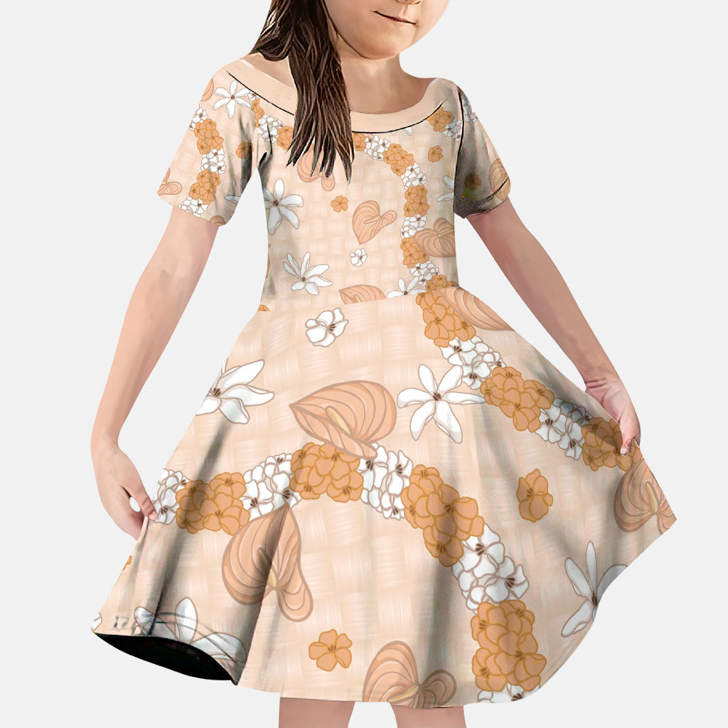 Hawaii Anthurium Tiare Pikake Lei Family Matching Off Shoulder Short Dress and Hawaiian Shirt Alani Lauhala Art Pattern LT01 Daughter's Dress Orange - Polynesian Pride