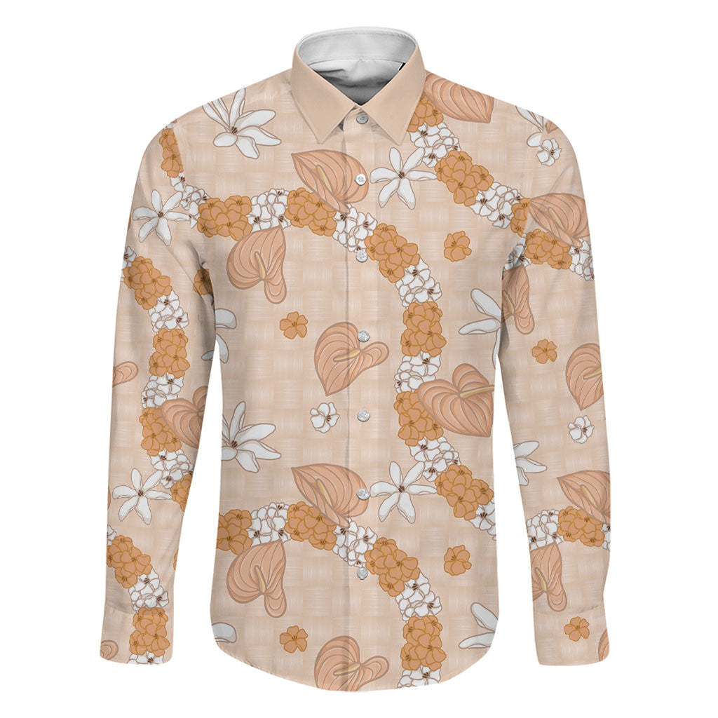 Hawaii Anthurium Tiare Pikake Lei Family Matching Puletasi and Hawaiian Shirt Alani Lauhala Art Pattern LT01 Dad's Shirt - Long Sleeve Orange - Polynesian Pride