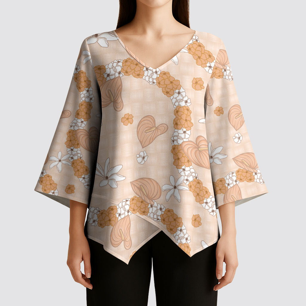 Hawaii Anthurium Tiare Pikake Lei Kimono Sleeve Blouse Alani Lauhala Art Pattern