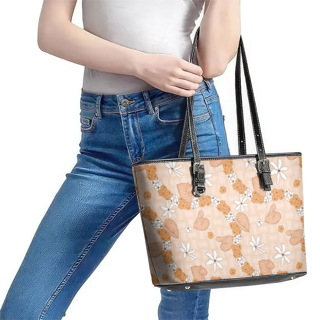 Hawaii Anthurium Tiare Pikake Lei Leather Tote Bag Alani Lauhala Art Pattern