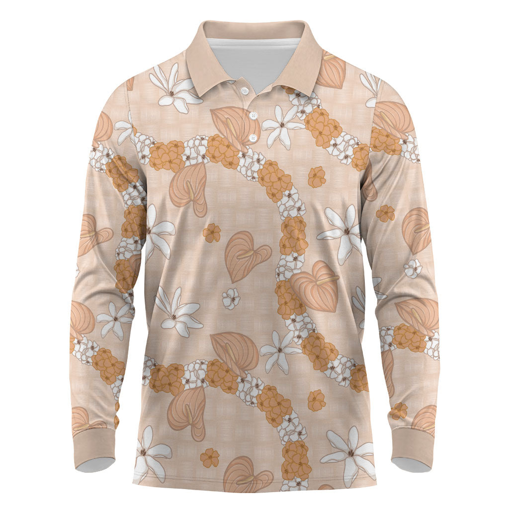 Hawaii Anthurium Tiare Pikake Lei Long Sleeve Polo Shirt Alani Lauhala Art Pattern