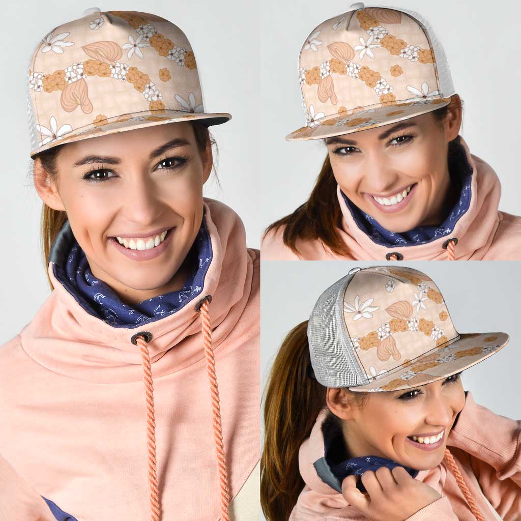 Hawaii Anthurium Tiare Pikake Lei Mesh Trucker Cap Alani Lauhala Art Pattern