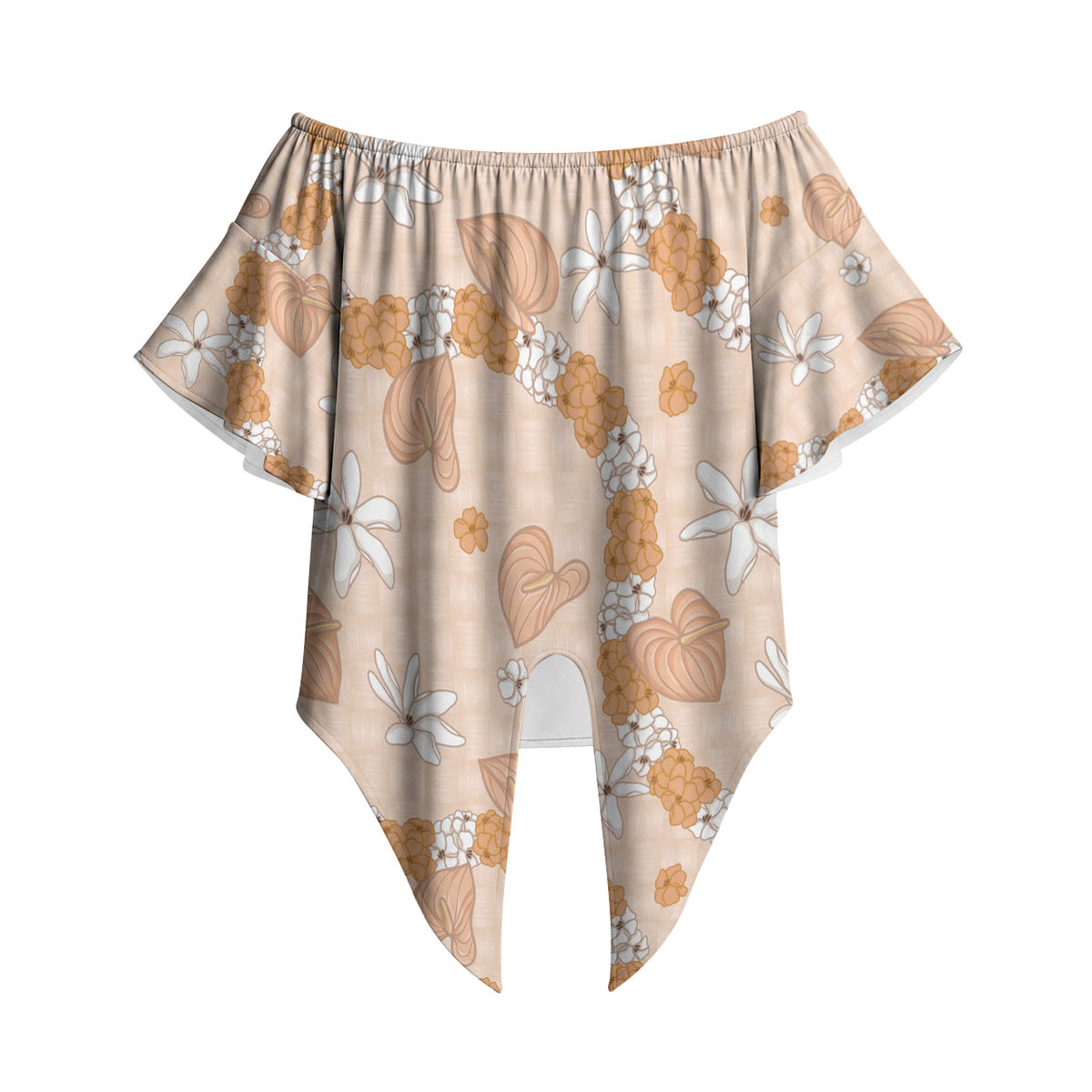 Hawaii Anthurium Tiare Pikake Lei Off Shoulder Wrap Waist Top Alani Lauhala Art Pattern LT01 Orange - Polynesian Pride