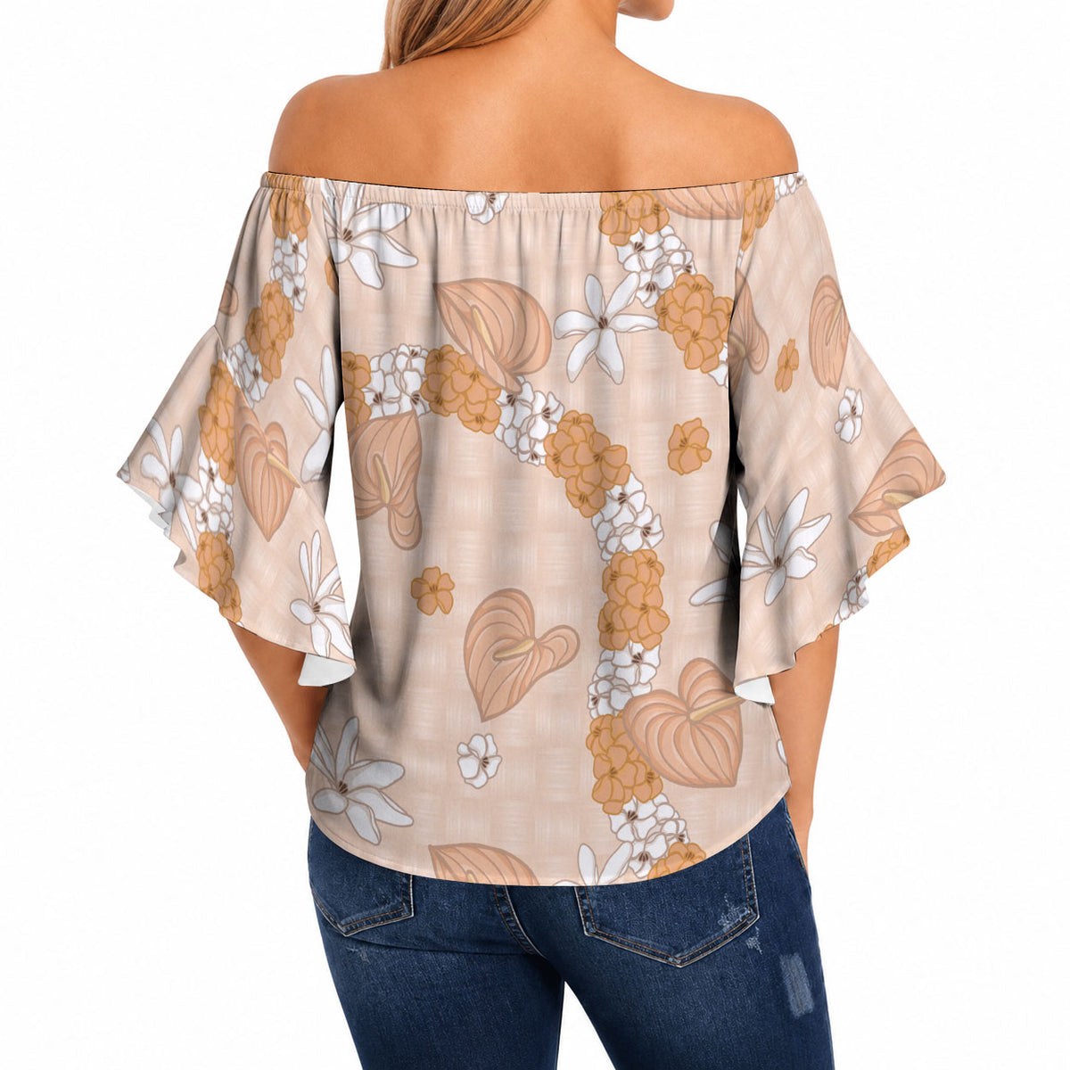 Hawaii Anthurium Tiare Pikake Lei Off Shoulder Wrap Waist Top Alani Lauhala Art Pattern LT01 - Polynesian Pride
