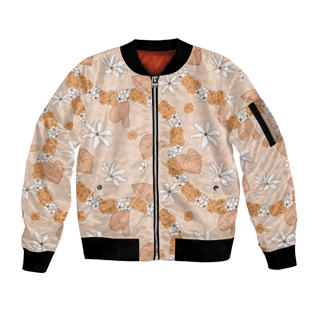 Hawaii Anthurium Tiare Pikake Lei Sleeve Zip Bomber Jacket Alani Lauhala Art Pattern LT01 Unisex Orange - Polynesian Pride