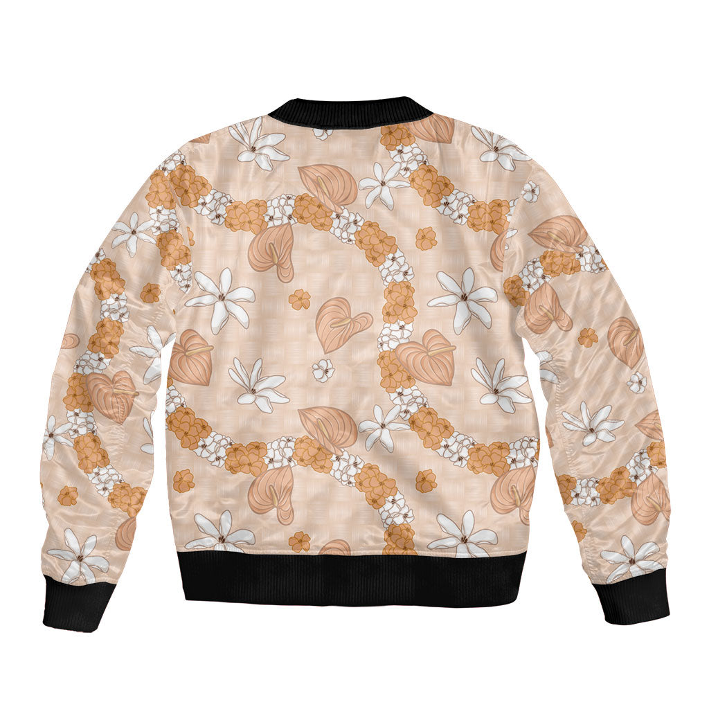 Hawaii Anthurium Tiare Pikake Lei Sleeve Zip Bomber Jacket Alani Lauhala Art Pattern LT01 - Polynesian Pride