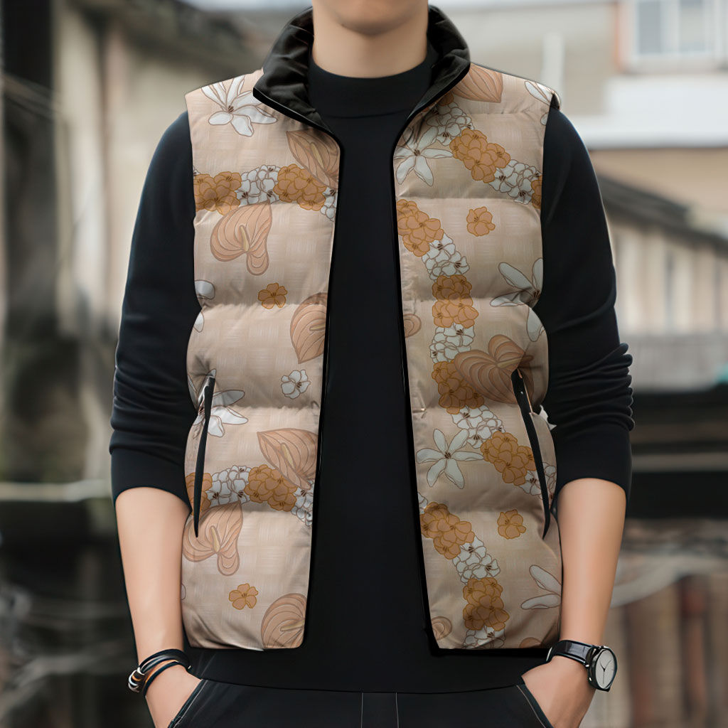 Hawaii Anthurium Tiare Pikake Lei Sleeveless Puffer Jacket Alani Lauhala Art Pattern