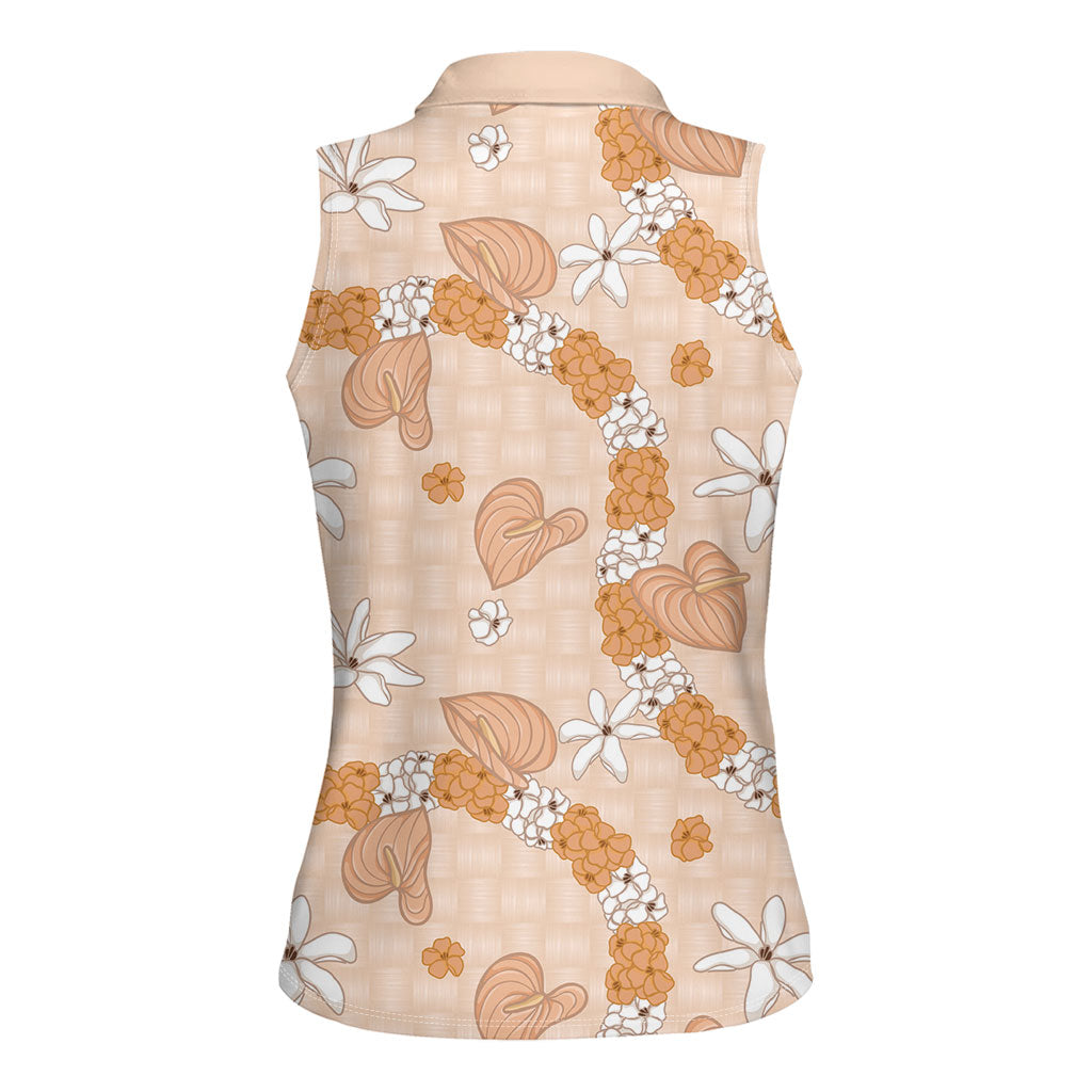 Hawaii Anthurium Tiare Pikake Lei Women Sleeveless Polo Shirt Alani Lauhala Art Pattern