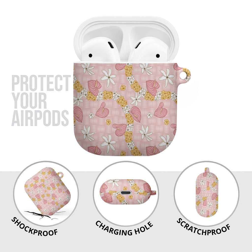 Hawaii Anthurium Tiare Pikake Lei AirPods Case Akala Lauhala Art Pattern