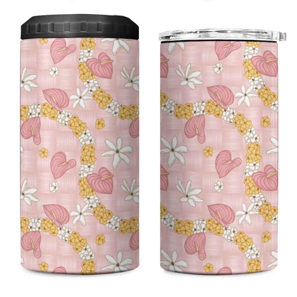 Hawaii Anthurium Tiare Pikake Lei 4 in 1 Can Cooler Tumbler Akala Lauhala Art Pattern LT01 One Size: 16 oz Pink - Polynesian Pride