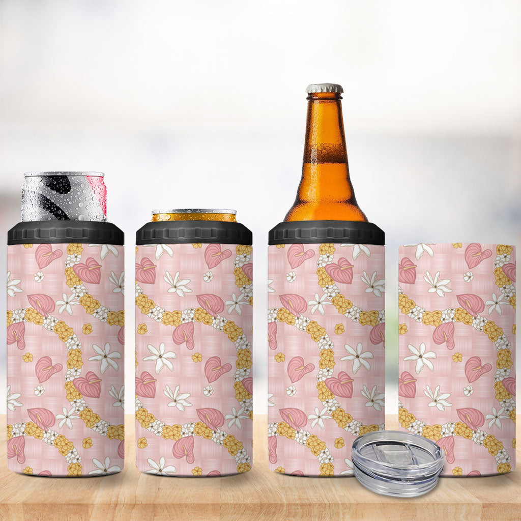 Hawaii Anthurium Tiare Pikake Lei 4 in 1 Can Cooler Tumbler Akala Lauhala Art Pattern LT01 - Polynesian Pride