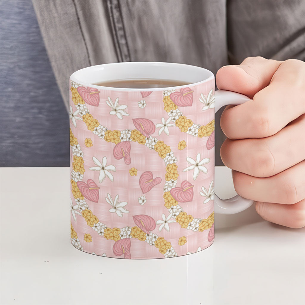 Hawaii Anthurium Tiare Pikake Lei Ceramic Mug Akala Lauhala Art Pattern