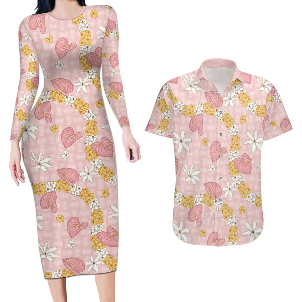 Hawaii Anthurium Tiare Pikake Lei Couples Matching Long Sleeve Bodycon Dress and Hawaiian Shirt Akala Lauhala Art Pattern LT01 Pink - Polynesian Pride