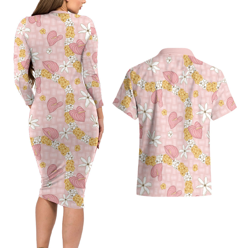 Hawaii Anthurium Tiare Pikake Lei Couples Matching Long Sleeve Bodycon Dress and Hawaiian Shirt Akala Lauhala Art Pattern LT01 - Polynesian Pride