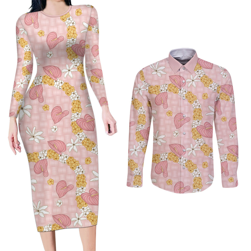 Hawaii Anthurium Tiare Pikake Lei Couples Matching Long Sleeve Bodycon Dress and Long Sleeve Button Shirt Akala Lauhala Art Pattern LT01 Pink - Polynesian Pride