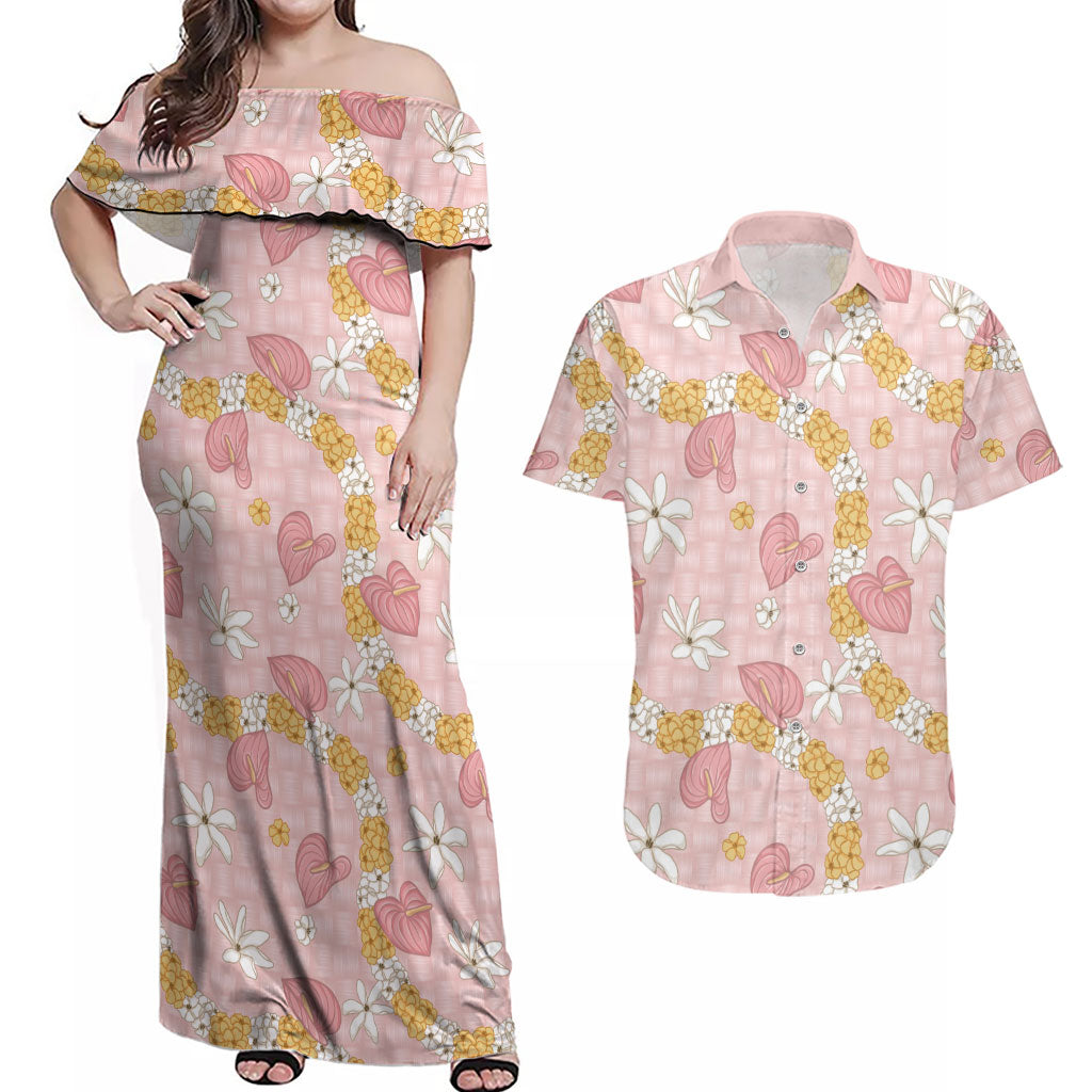 Hawaii Anthurium Tiare Pikake Lei Couples Matching Off Shoulder Maxi Dress and Hawaiian Shirt Akala Lauhala Art Pattern