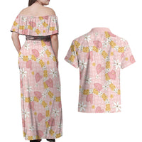 Hawaii Anthurium Tiare Pikake Lei Couples Matching Off Shoulder Maxi Dress and Hawaiian Shirt Akala Lauhala Art Pattern
