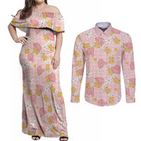 Hawaii Anthurium Tiare Pikake Lei Couples Matching Off Shoulder Maxi Dress and Long Sleeve Button Shirt Akala Lauhala Art Pattern