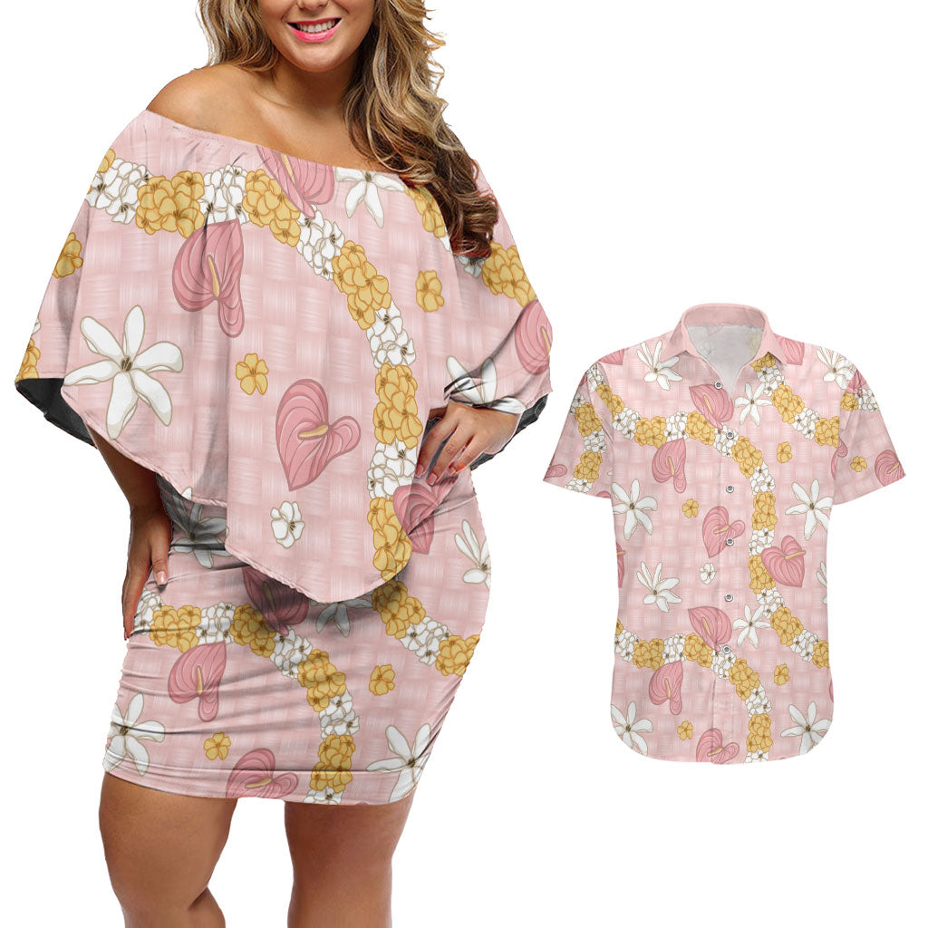 Hawaii Anthurium Tiare Pikake Lei Couples Matching Off Shoulder Short Dress and Hawaiian Shirt Akala Lauhala Art Pattern LT01 Pink - Polynesian Pride