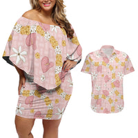 Hawaii Anthurium Tiare Pikake Lei Couples Matching Off Shoulder Short Dress and Hawaiian Shirt Akala Lauhala Art Pattern LT01 Pink - Polynesian Pride