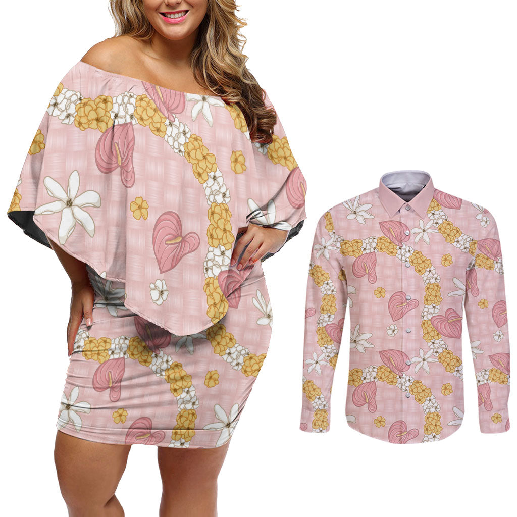 Hawaii Anthurium Tiare Pikake Lei Couples Matching Off Shoulder Short Dress and Long Sleeve Button Shirt Akala Lauhala Art Pattern
