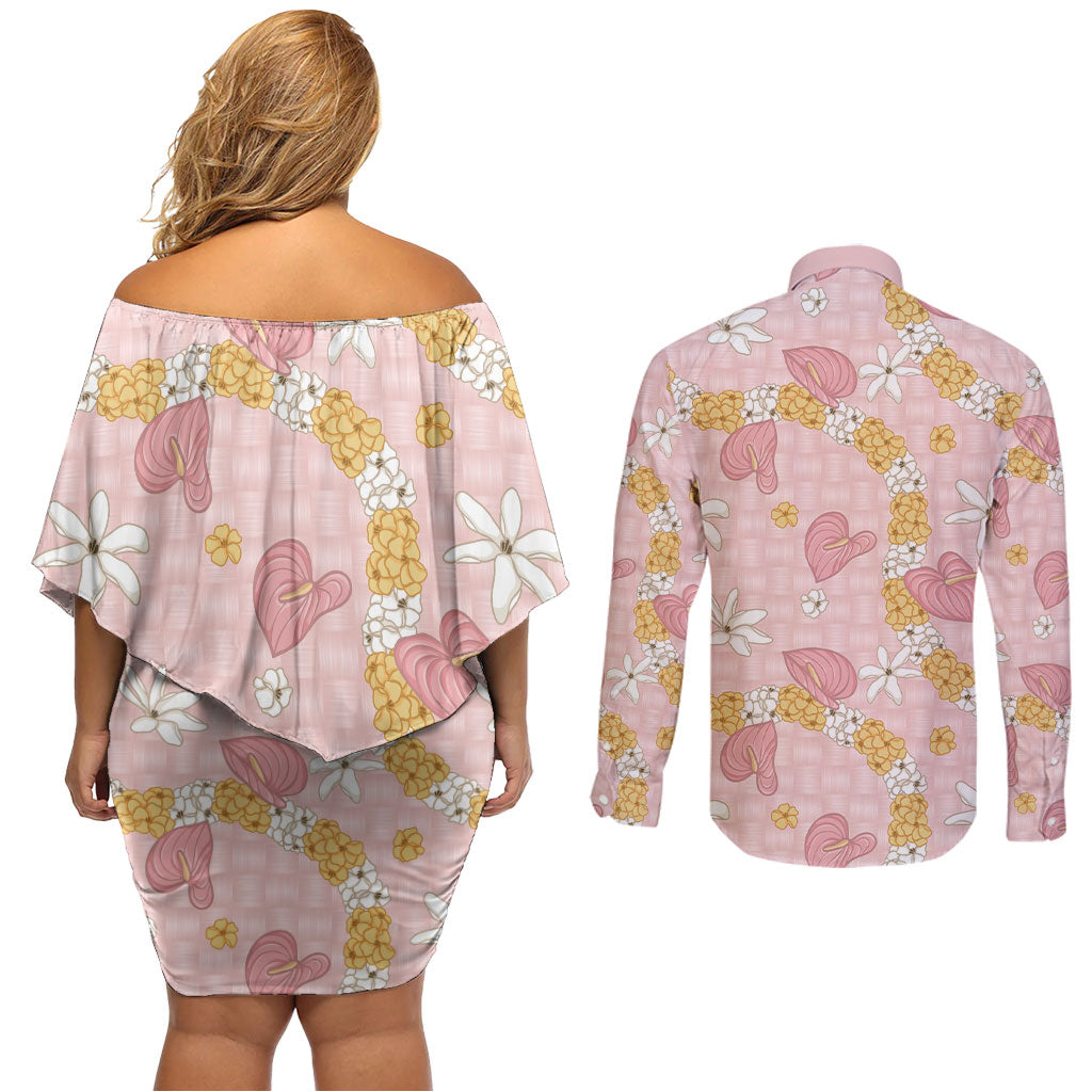 Hawaii Anthurium Tiare Pikake Lei Couples Matching Off Shoulder Short Dress and Long Sleeve Button Shirt Akala Lauhala Art Pattern