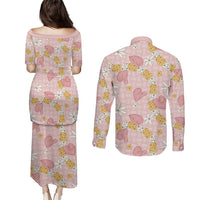 Hawaii Anthurium Tiare Pikake Lei Couples Matching Puletasi and Long Sleeve Button Shirt Akala Lauhala Art Pattern