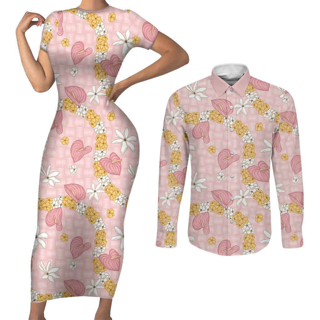 Hawaii Anthurium Tiare Pikake Lei Couples Matching Short Sleeve Bodycon Dress and Long Sleeve Button Shirt Akala Lauhala Art Pattern LT01 Pink - Polynesian Pride
