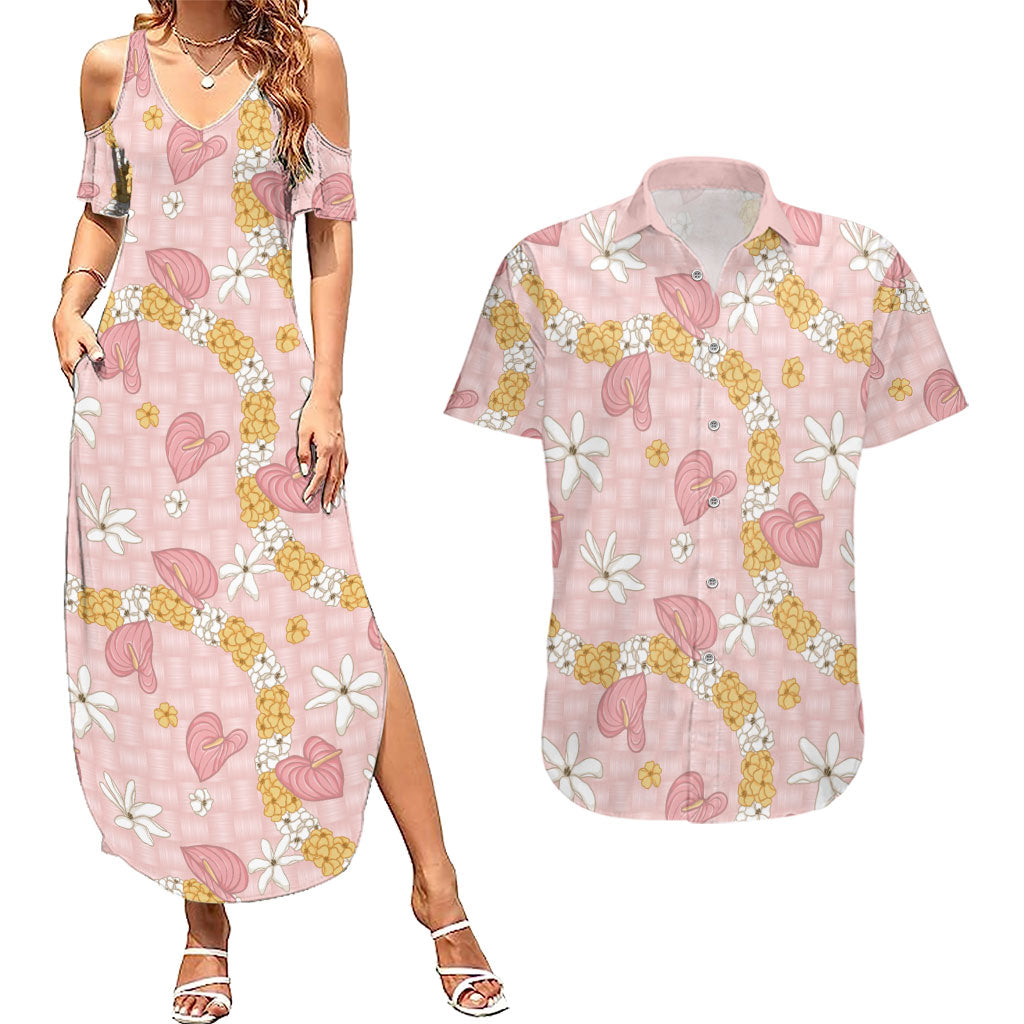 Hawaii Anthurium Tiare Pikake Lei Couples Matching Summer Maxi Dress and Hawaiian Shirt Akala Lauhala Art Pattern