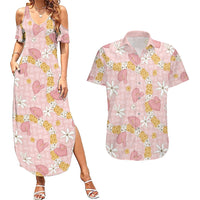 Hawaii Anthurium Tiare Pikake Lei Couples Matching Summer Maxi Dress and Hawaiian Shirt Akala Lauhala Art Pattern LT01 Pink - Polynesian Pride