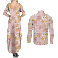 Hawaii Anthurium Tiare Pikake Lei Couples Matching Summer Maxi Dress and Long Sleeve Button Shirt Akala Lauhala Art Pattern
