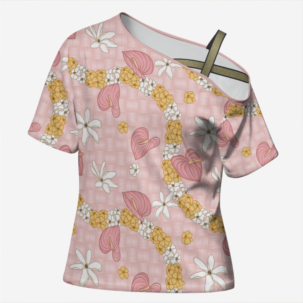 Hawaii Anthurium Tiare Pikake Lei Cross Shoulder Shirt Akala Lauhala Art Pattern LT01 Female Pink - Polynesian Pride