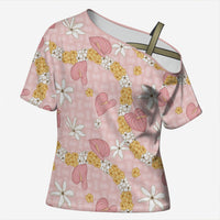 Hawaii Anthurium Tiare Pikake Lei Cross Shoulder Shirt Akala Lauhala Art Pattern LT01 Female Pink - Polynesian Pride