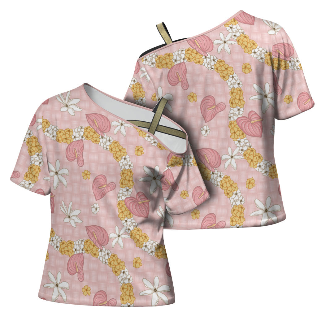 Hawaii Anthurium Tiare Pikake Lei Cross Shoulder Shirt Akala Lauhala Art Pattern LT01 - Polynesian Pride