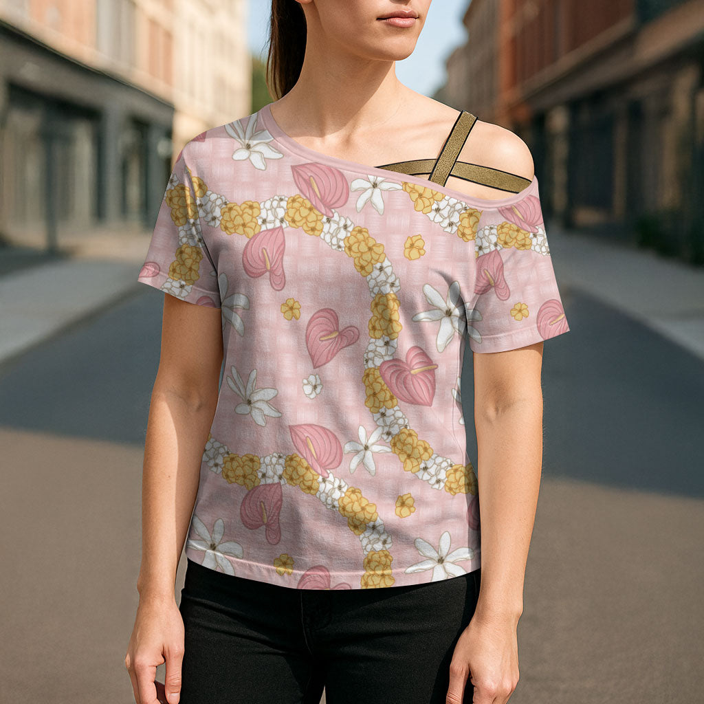 Hawaii Anthurium Tiare Pikake Lei Cross Shoulder Shirt Akala Lauhala Art Pattern LT01 - Polynesian Pride