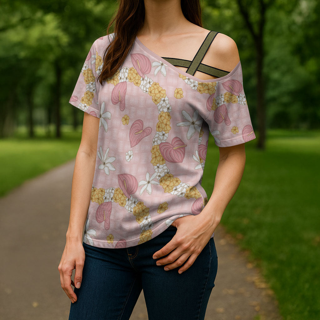 Hawaii Anthurium Tiare Pikake Lei Cross Shoulder Shirt Akala Lauhala Art Pattern LT01 - Polynesian Pride