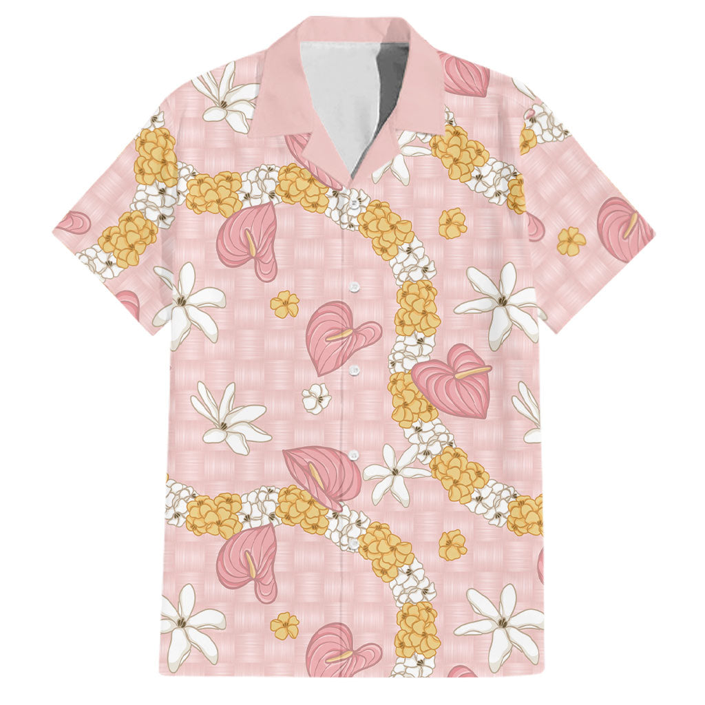 Hawaii Anthurium Tiare Pikake Lei Family Matching Off The Shoulder Long Sleeve Dress and Hawaiian Shirt Akala Lauhala Art Pattern LT01 Dad's Shirt - Short Sleeve Pink - Polynesian Pride