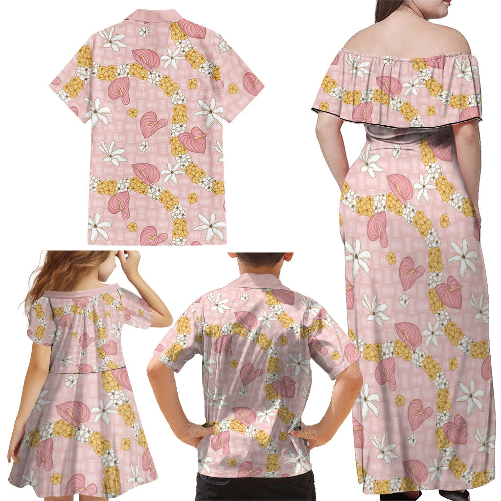 Hawaii Anthurium Tiare Pikake Lei Family Matching Off Shoulder Maxi Dress and Hawaiian Shirt Akala Lauhala Art Pattern LT01 - Polynesian Pride
