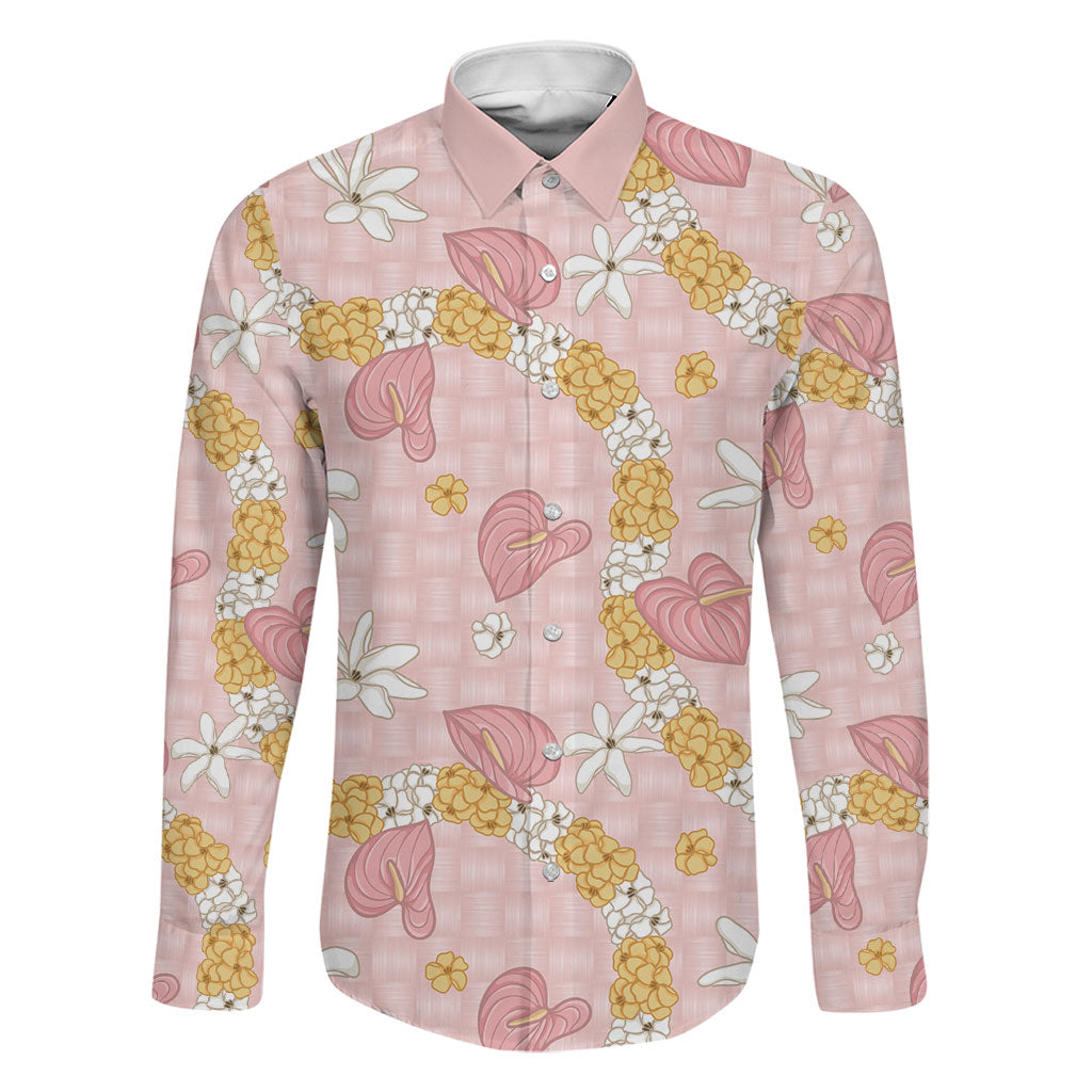 Hawaii Anthurium Tiare Pikake Lei Family Matching Off Shoulder Maxi Dress and Hawaiian Shirt Akala Lauhala Art Pattern LT01 Dad's Shirt - Long Sleeve Pink - Polynesian Pride