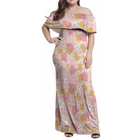 Hawaii Anthurium Tiare Pikake Lei Family Matching Off Shoulder Maxi Dress and Hawaiian Shirt Akala Lauhala Art Pattern LT01 Mom's Dress Pink - Polynesian Pride