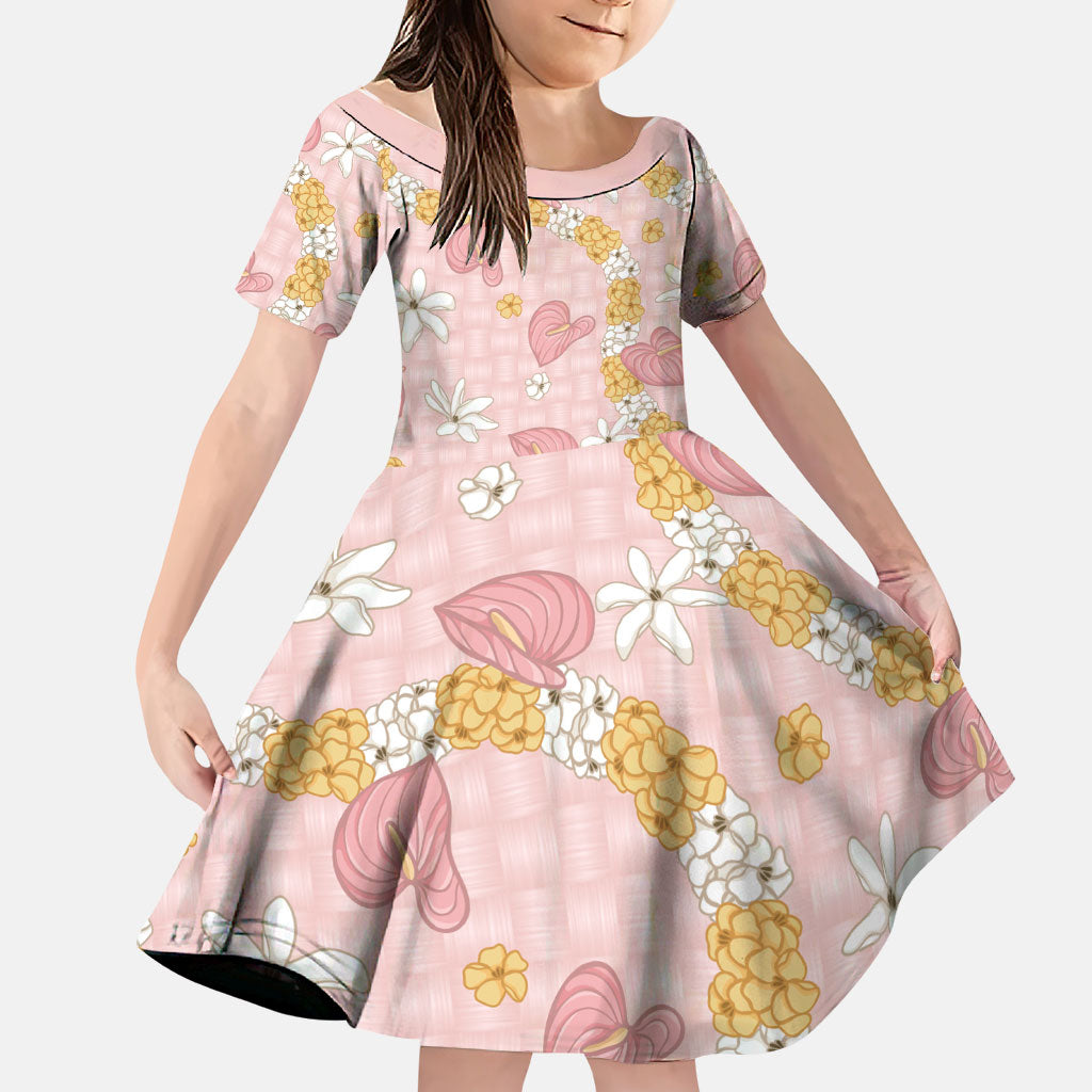 Hawaii Anthurium Tiare Pikake Lei Family Matching Off Shoulder Short Dress and Hawaiian Shirt Akala Lauhala Art Pattern LT01 Daughter's Dress Pink - Polynesian Pride