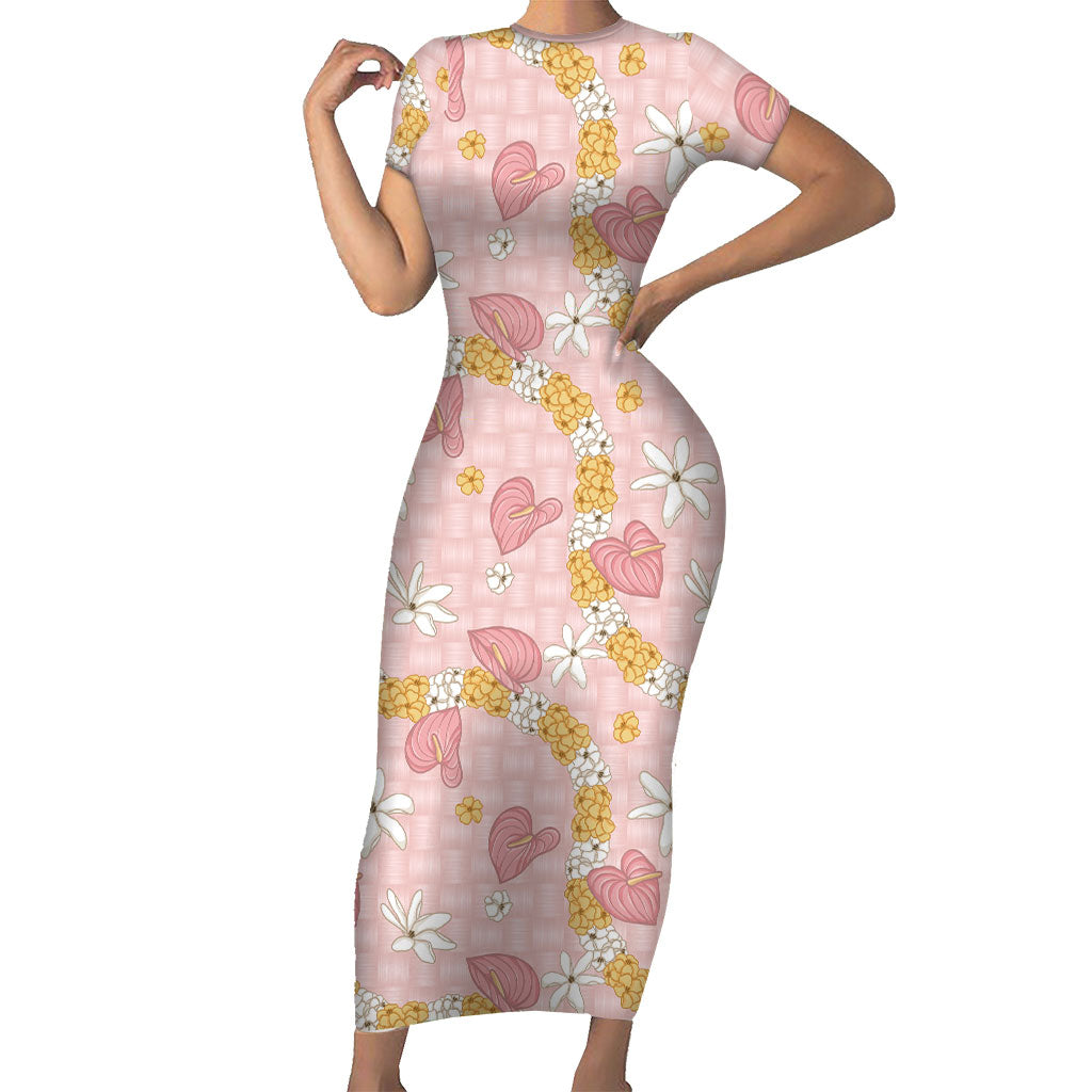 Hawaii Anthurium Tiare Pikake Lei Family Matching Short Sleeve Bodycon Dress and Hawaiian Shirt Akala Lauhala Art Pattern LT01 Mom's Dress Pink - Polynesian Pride
