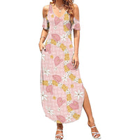 Hawaii Anthurium Tiare Pikake Lei Family Matching Summer Maxi Dress and Hawaiian Shirt Akala Lauhala Art Pattern LT01 Mom's Dress Pink - Polynesian Pride